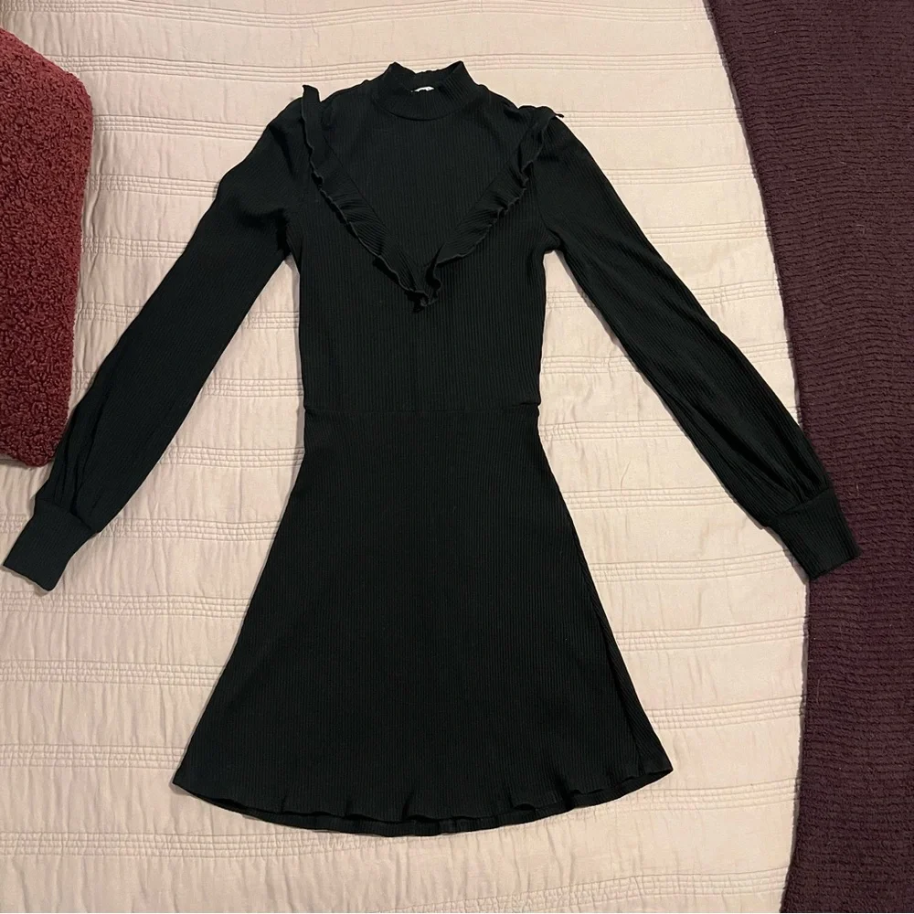 Reformation Black Chapel Ribbed Long Sleeve Ruffle Dress mock neck - Picture 2 of 7